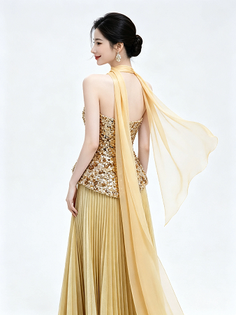 Gold Strapless Sequin Bodice Pleated Maxi Dress With Chiffon Scarf Formal Evening Gown