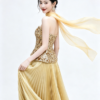 Gold Strapless Sequin Bodice Pleated Maxi Dress With Chiffon Scarf Formal Evening Gown