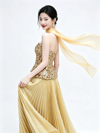 Gold Strapless Sequin Bodice Pleated Maxi Dress With Chiffon Scarf Formal Evening Gown