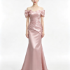 Dusty Pink Off Shoulder Bow Satin Ruched Mermaid Formal Evening Maxi Dress