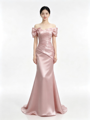 Dusty Pink Off Shoulder Bow Satin Ruched Mermaid Formal Evening Maxi Dress