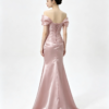 Dusty Pink Off Shoulder Bow Satin Ruched Mermaid Formal Evening Maxi Dress