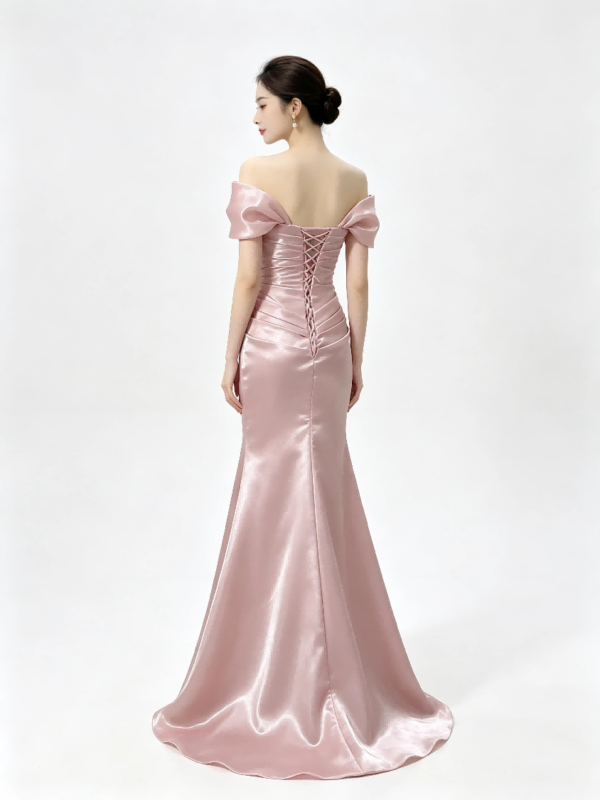 Dusty Pink Off Shoulder Bow Satin Ruched Mermaid Formal Evening Maxi Dress