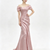 Dusty Pink Off Shoulder Bow Satin Ruched Mermaid Formal Evening Maxi Dress