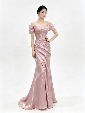 Dusty Pink Off Shoulder Bow Satin Ruched Mermaid Formal Evening Maxi Dress