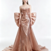 Rose Gold Sequins Spaghetti Strap Ruched Mermaid Dress With Large Satin Bow Train Formal Evening Gown