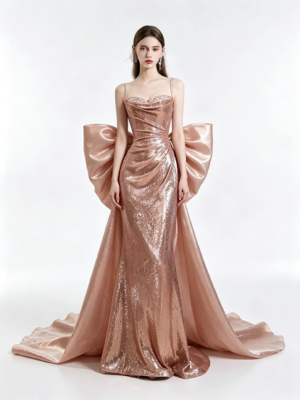 Rose Gold Sequins Spaghetti Strap Ruched Mermaid Dress With Large Satin Bow Train Formal Evening Gown