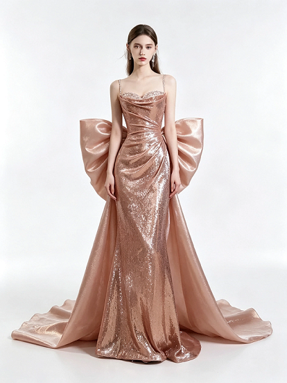 Rose Gold Sequins Spaghetti Strap Ruched Mermaid Dress With Large Satin Bow Train Formal Evening Gown