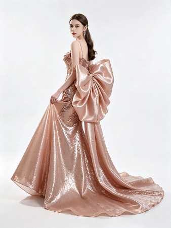 Rose Gold Sequins Spaghetti Strap Ruched Mermaid Dress With Large Satin Bow Train Formal Evening Gown