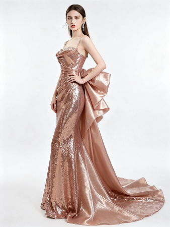 Rose Gold Sequins Spaghetti Strap Ruched Mermaid Dress With Large Satin Bow Train Formal Evening Gown