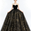 Black Sweetheart Strapless Velvet Gold Sparkle Tulle A Line Formal Ball Gown Maxi Dress