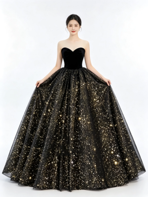 Black Sweetheart Strapless Velvet Gold Sparkle Tulle A Line Formal Ball Gown Maxi Dress