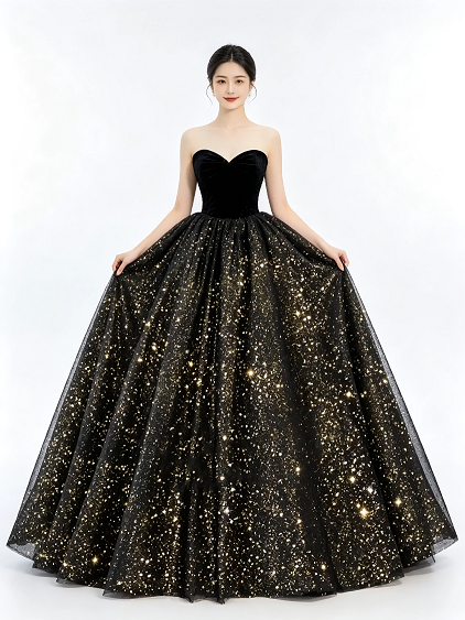 Black Sweetheart Strapless Velvet Gold Sparkle Tulle A Line Formal Ball Gown Maxi Dress
