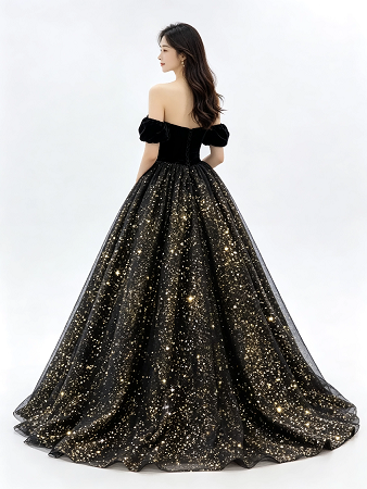 Black Sweetheart Strapless Velvet Gold Sparkle Tulle A Line Formal Ball Gown Maxi Dress