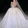 Glitter V-Neck Long Sleeve Wedding Dress
