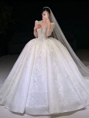 Glitter V-Neck Long Sleeve Wedding Dress