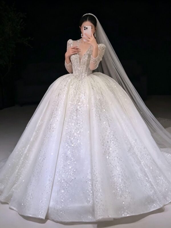 Glitter V-Neck Long Sleeve Wedding Dress