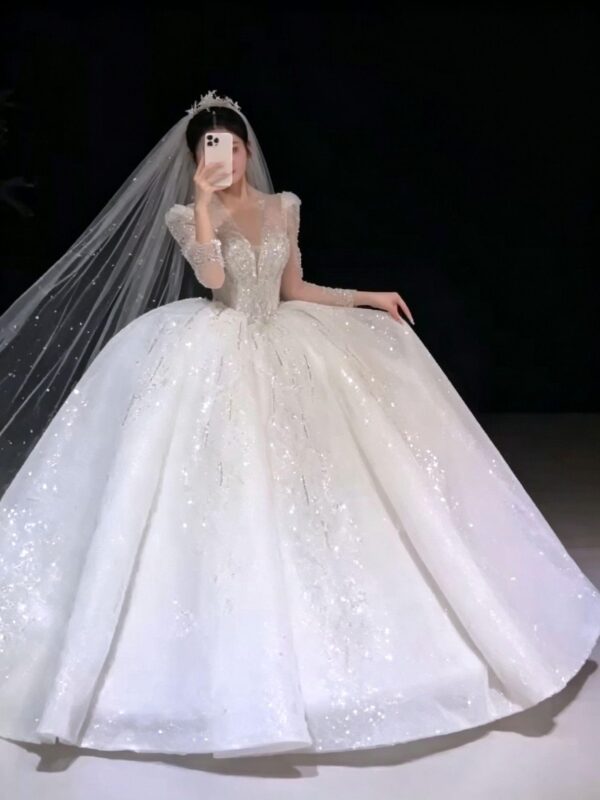 Glitter V-Neck Long Sleeve Wedding Dress