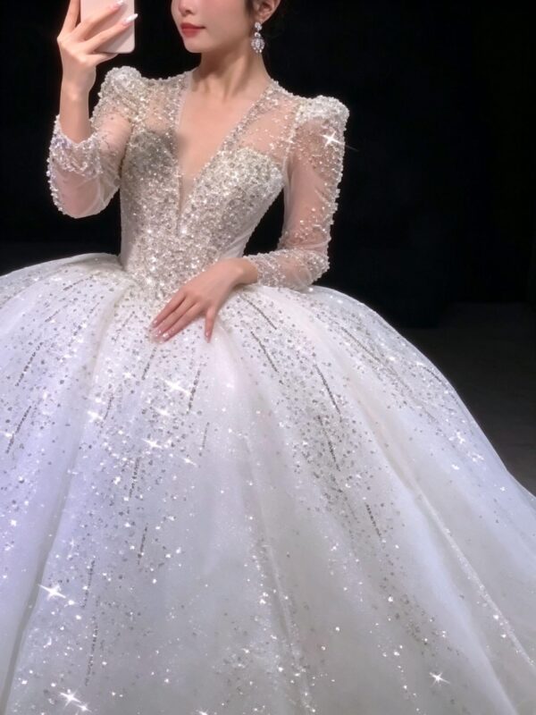 Glitter V-Neck Long Sleeve Wedding Dress