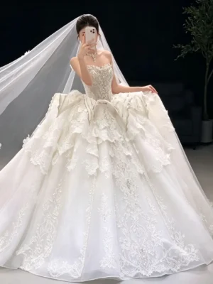 Strapless Lace Layered Ball Gown