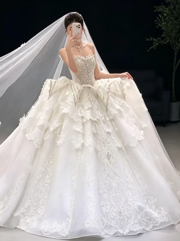 Strapless Lace Layered Ball Gown