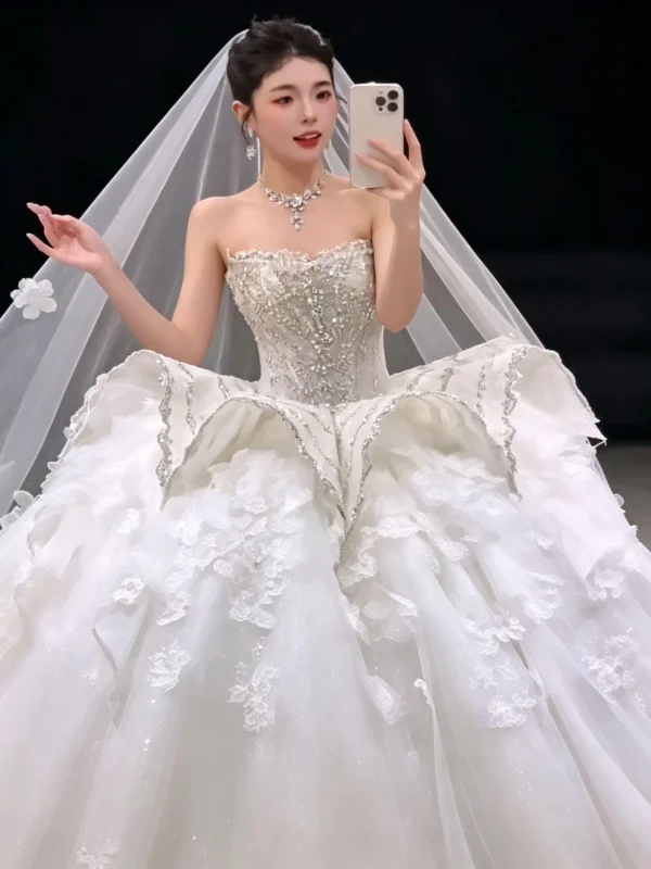Strapless Lace Layered Ball Gown