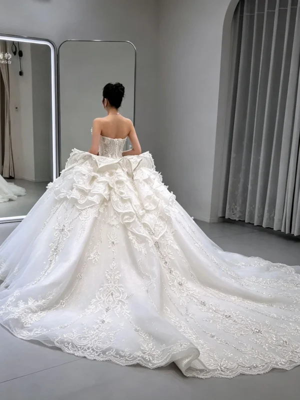 Strapless Lace Layered Ball Gown