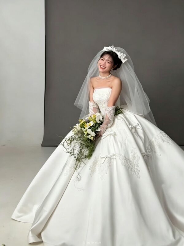 Lace Applique Satin Bow Ball Gown