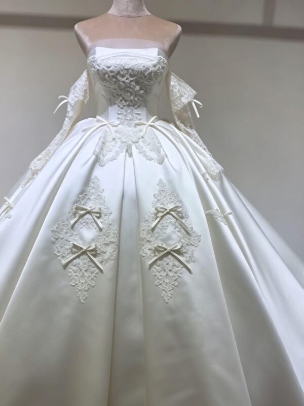 Lace Applique Satin Bow Ball Gown