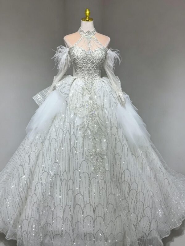 Halter Neck Feather Sparkly Sequin Ball Gown