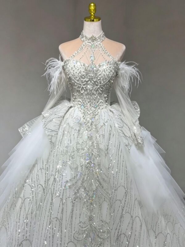 Halter Neck Feather Sparkly Sequin Ball Gown