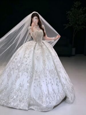 Sparkly Long Sleeve High Neck Tulle Ball Gown