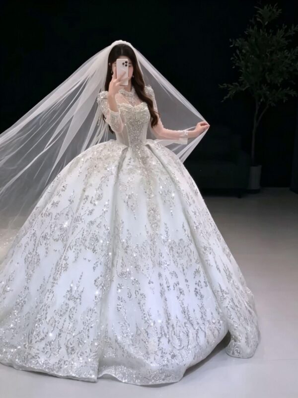 Sparkly Long Sleeve High Neck Tulle Ball Gown