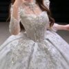 Sparkly Long Sleeve High Neck Tulle Ball Gown