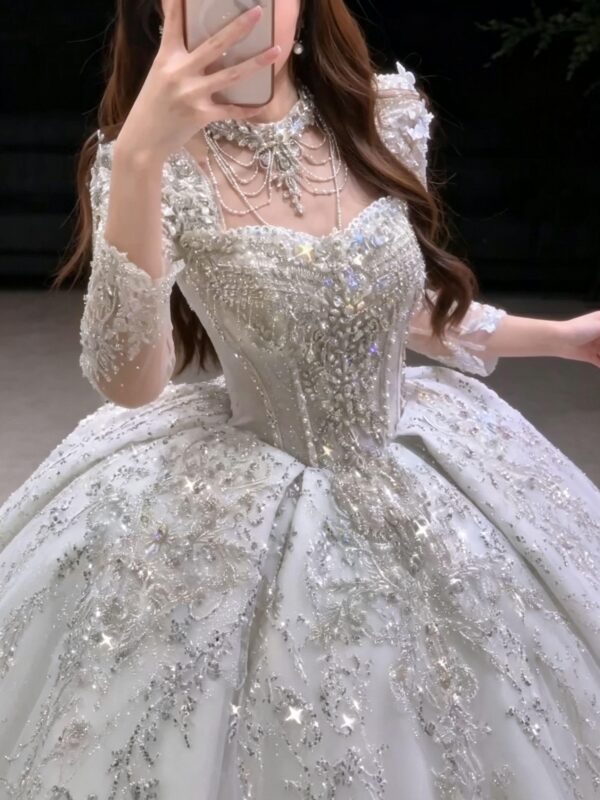 Sparkly Long Sleeve High Neck Tulle Ball Gown