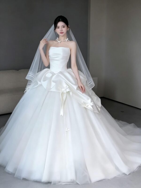 Ivory Strapless Draped Satin Bow Wedding Dress