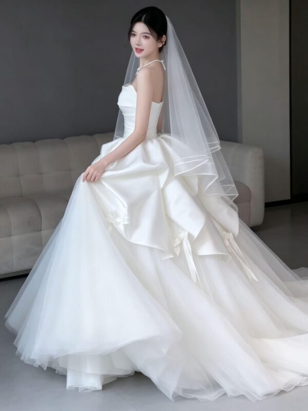 Ivory Strapless Draped Satin Bow Wedding Dress