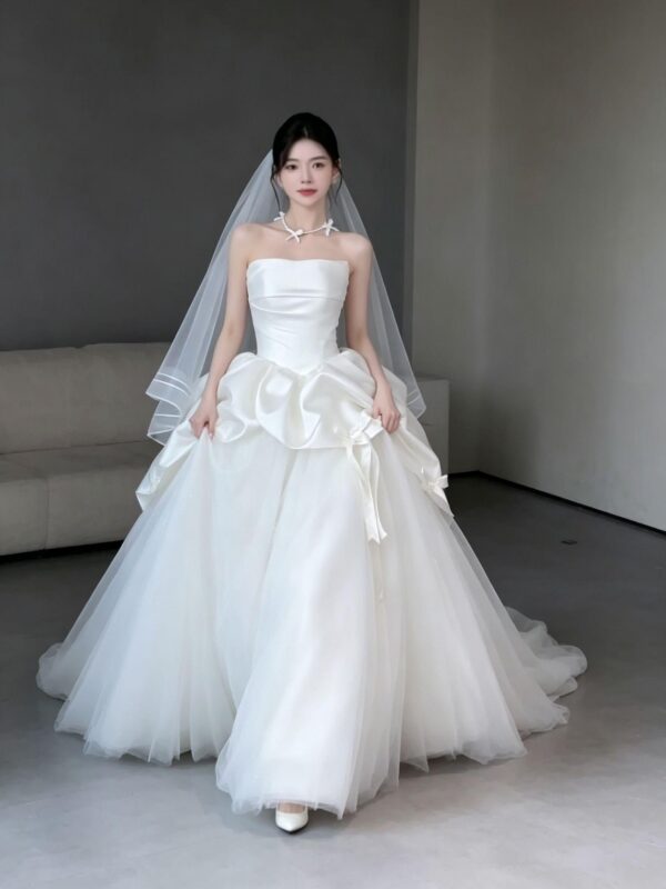 Ivory Strapless Draped Satin Bow Wedding Dress