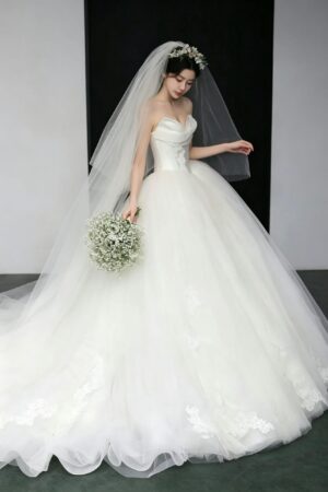 Strapless Draped Tulle Lace Ball Gown