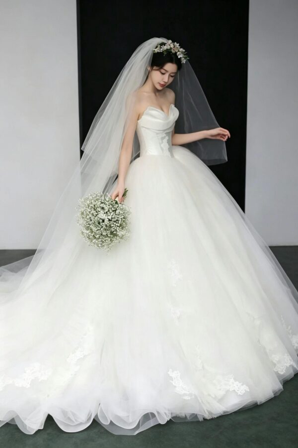 Strapless Draped Tulle Lace Ball Gown