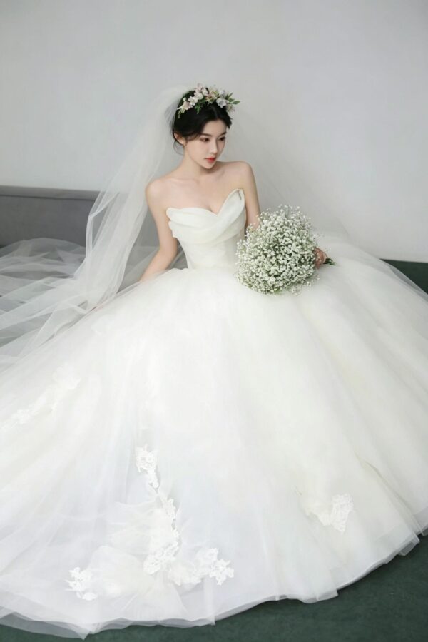 Strapless Draped Tulle Lace Ball Gown