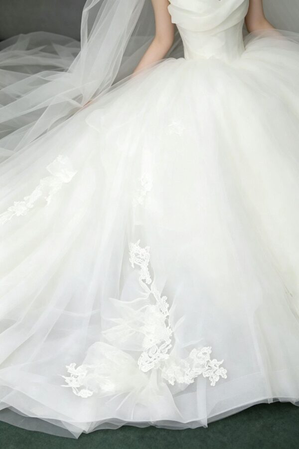 Strapless Draped Tulle Lace Ball Gown