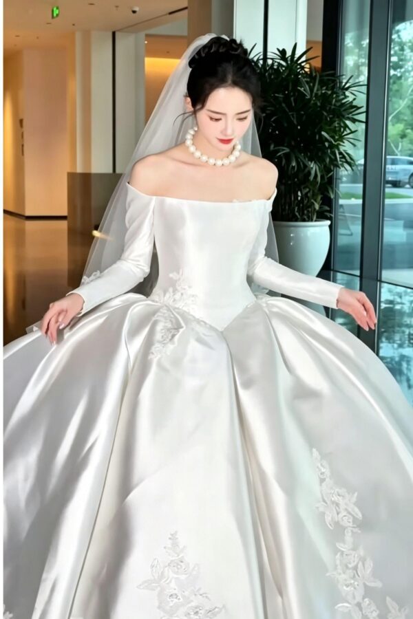 Long Sleeve Satin Wedding Dress
