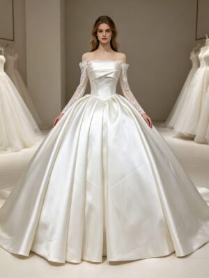 Minimalist Satin Ball Gown with Lace Sleeves
