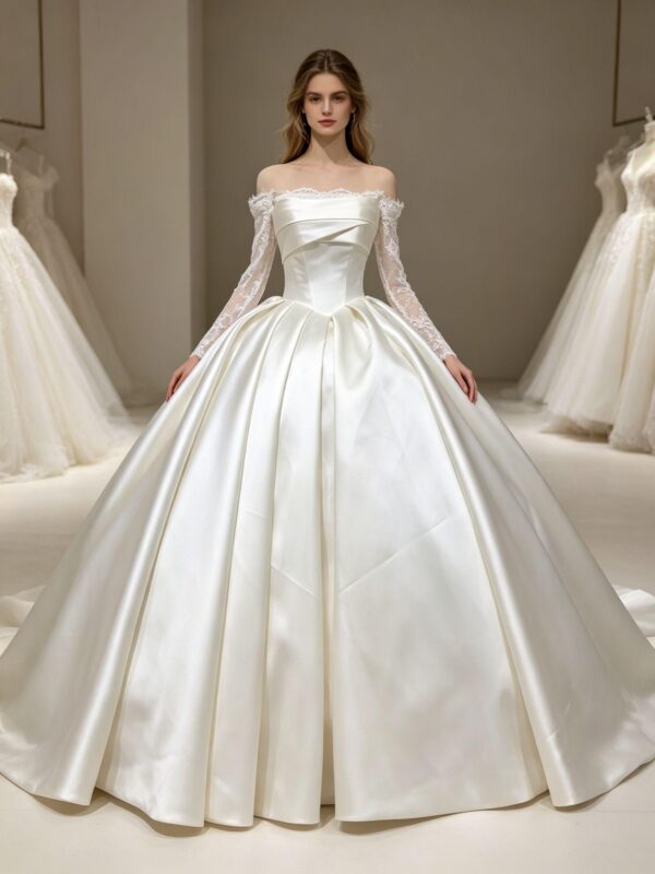 Minimalist Satin Ball Gown with Lace Sleeves