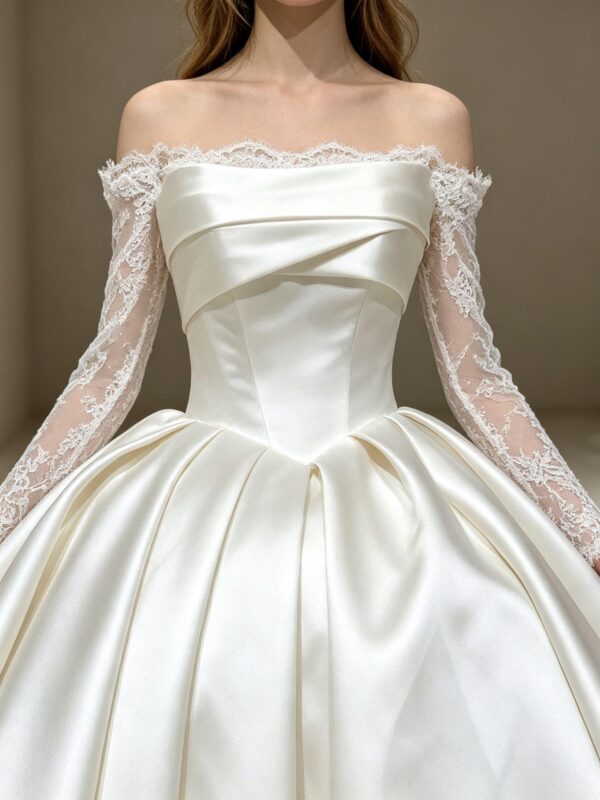 Minimalist Satin Ball Gown with Lace Sleeves