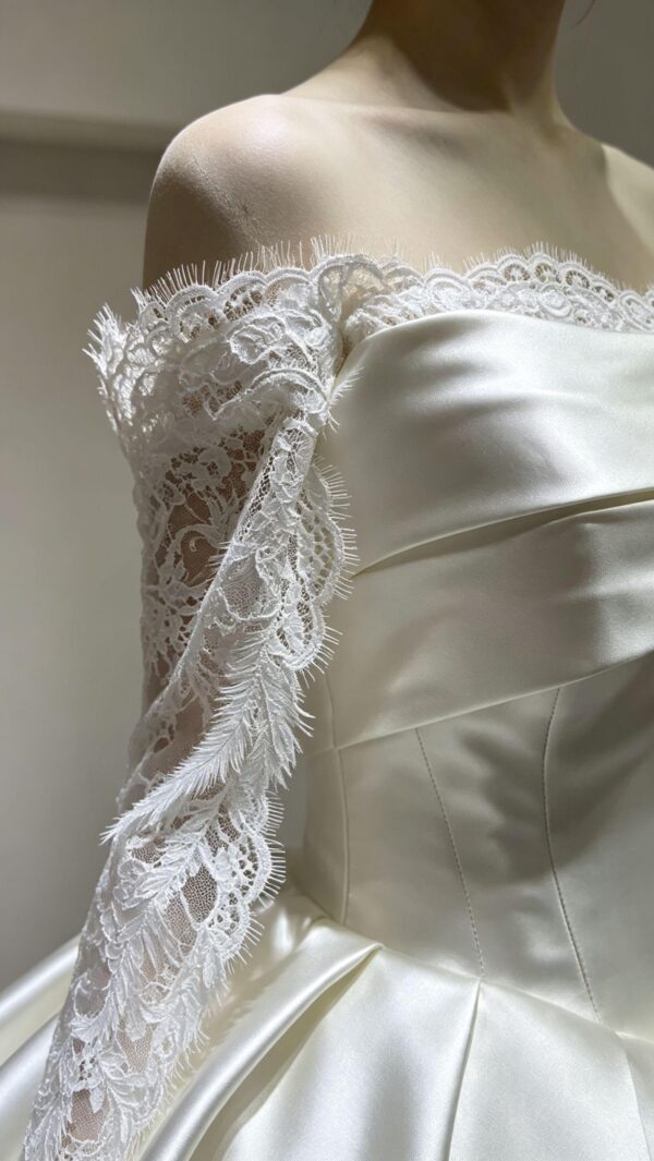 Minimalist Satin Ball Gown with Lace Sleeves