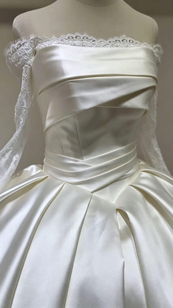 Minimalist Satin Ball Gown with Lace Sleeves