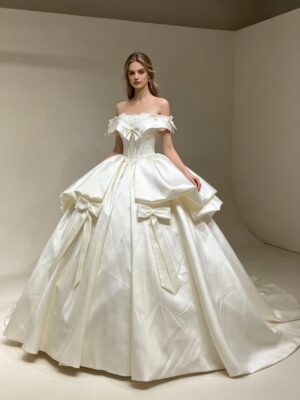 Off-Shoulder Bow Satin Wedding Dress