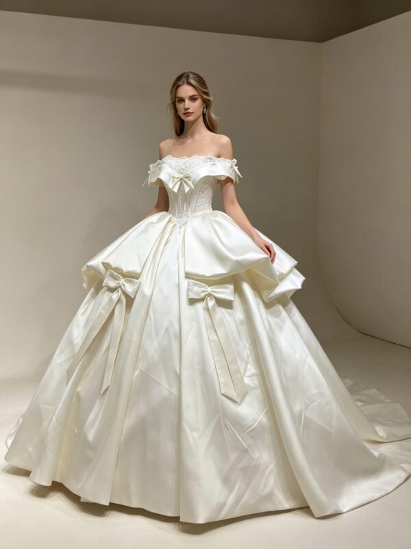 Off-Shoulder Bow Satin Wedding Dress